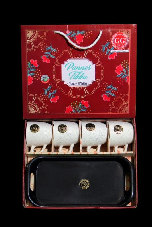 Paneer Tikka Ceramic Serving Set – 4 Cups & 1 Platter (5 Pcs)